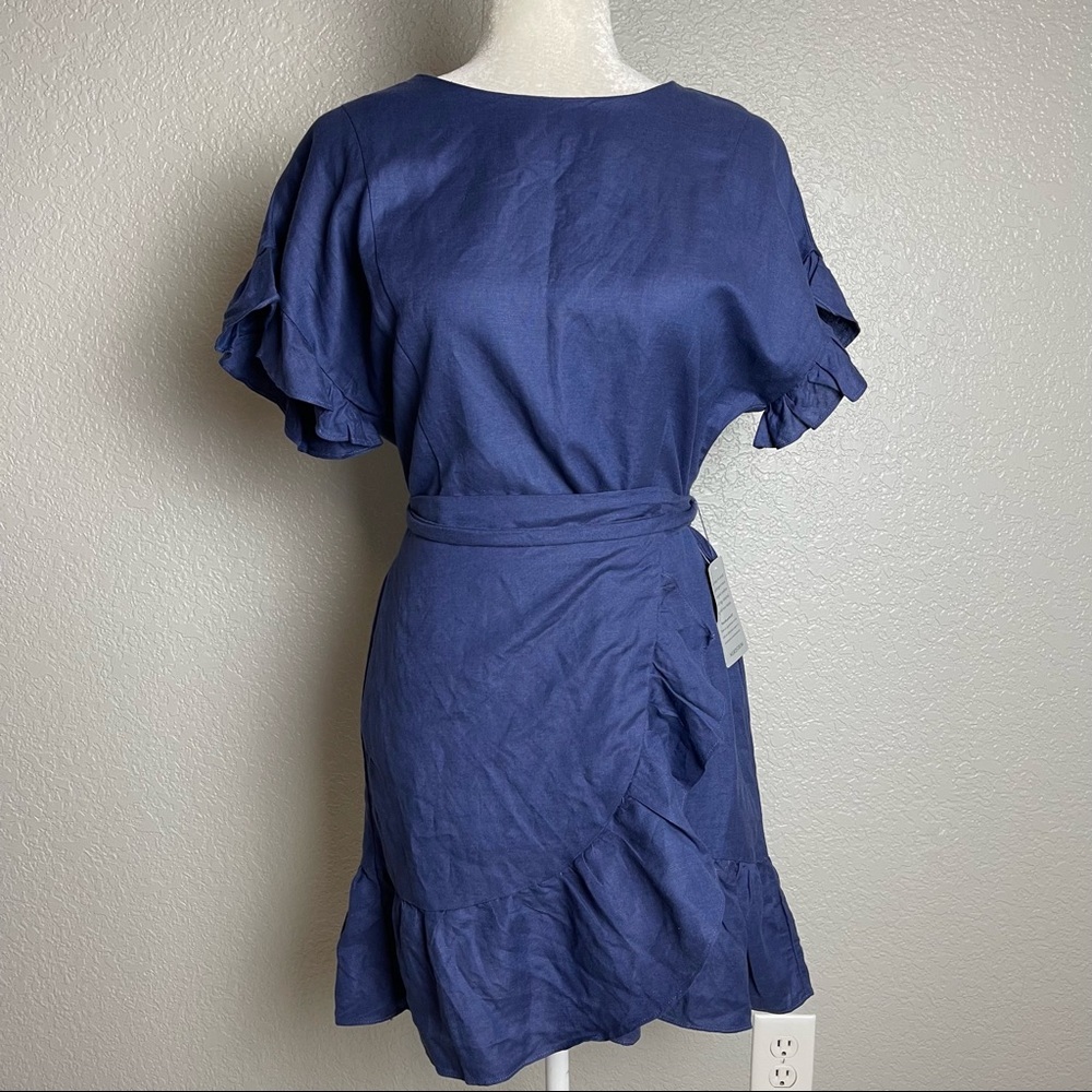 NWT ASTR The Label Blue Linen Ruffle Wrap Dress Sz XS - Picture 5 of 12